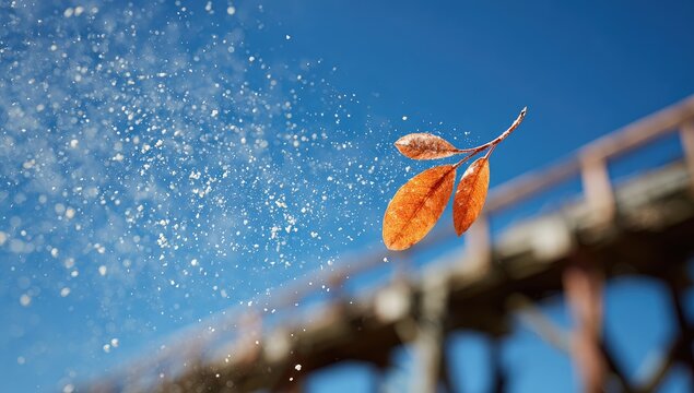 A single, auburn leaf, seemingly floating in the air, against a backdrop of a scattering of tiny particles and a wooden pier