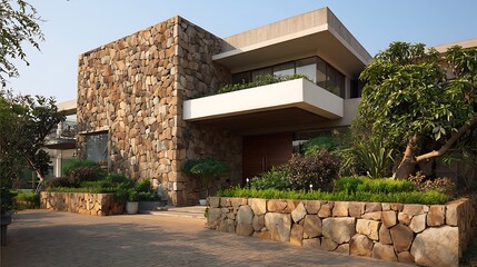 Modern Stone House Exterior with Landscaping and Geometric Design Elements