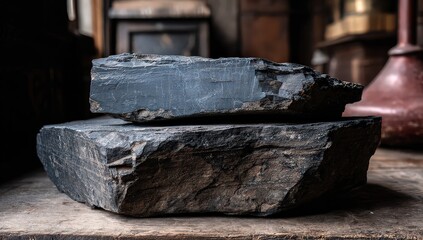 Stacked Dark Gray Slate Rocks On Wooden Surface