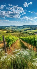 Obraz premium Vineyard stretches into a hilly landscape under a vibrant sky