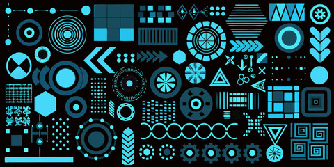 Fototapeta premium Abstract Blue Geometric Elements and Symbols on Black