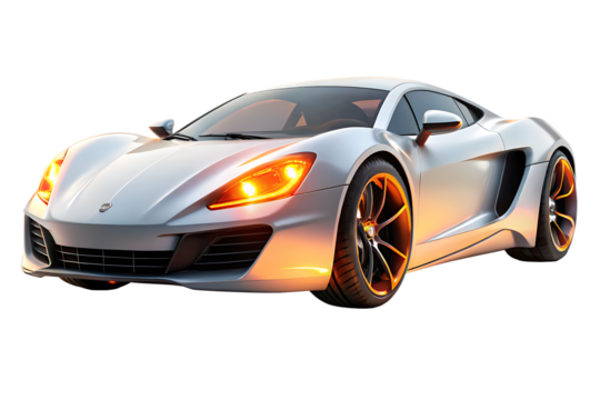 Futuristic Silver Sports Car With Orange Accents On Background automobile vehicle isolated on a transparent background