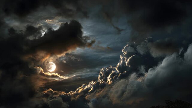 Dramatic Night Sky Full Moon Shining Through Dark Clouds