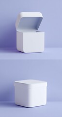 Open and closed white square tin containers on a pastel purple background