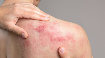 Fototapeta premium Close-up of a person's shoulder showing signs of skin irritation or ras