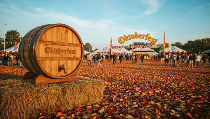 Fototapeta premium Wooden Oktoberfest barrel on hay bale with festive crowd and autumn leaves under blue sky