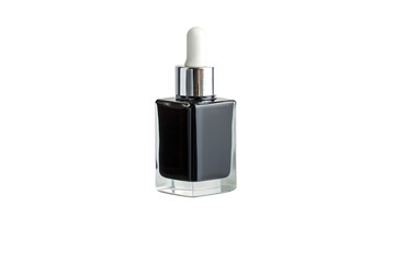 An elegant square glass bottle with a silver dropper filled with black cosmetic serum for a luxurious skincare routine, isolated on a clean white background