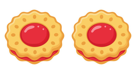 Two cartoon cookies with red jelly filling on a white background