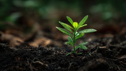 A young seedling emerges from dark soil.  Fresh green leaves, glistening with dew drops, sprout from the earth.  Blurred background of forest floor