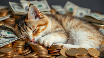 A tranquil feline naps amid stacks of coins and bills, symbolizing wealth and comfort, perfect for financial or luxury pet product themes