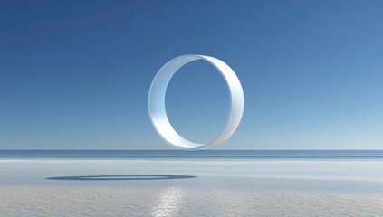 Floating white ring over tranquil beach