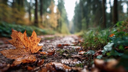 A single, vibrant autumn leaf rests on a forest path, surrounded by fallen foliage.  Shallow depth of field emphasizes the leaf, while the path and trees gently blur into the background