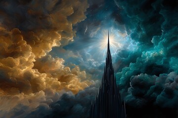 Mystical Tower Piercing Stormy Sky with Golden Light Beam Above