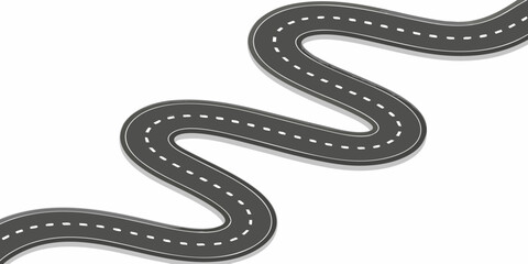 Winding asphalt road with white dashed lines on a white background
