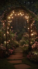 Fototapeta premium Garden archway, lit by string lights, evening