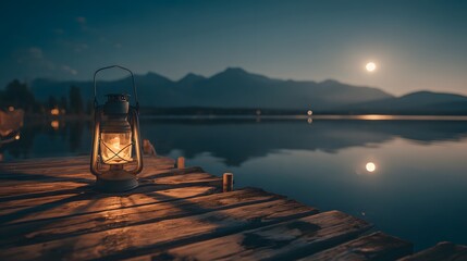 Night lake scene with lantern on dock and mountains background scenic landscape photography wallpaper art