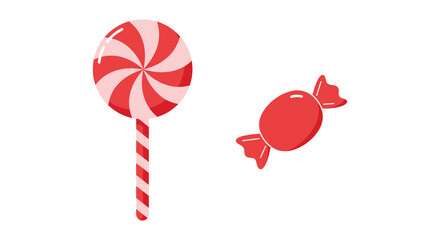 Red and white striped lollipop and red wrapped candy on white background
