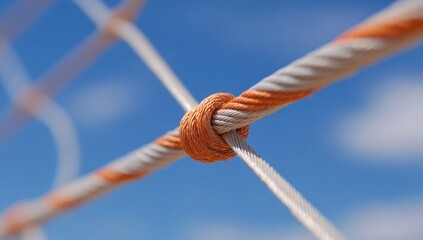 Close-up of a knot in two intertwined ropes against a clear blue sky with a net background