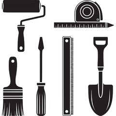 Obraz premium Art of assortment of diy and home improvement tools including a paint roller, brush, screwdriver, ruler, tape measure, and shovel