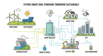 Fototapeta premium Diagram illustrating a future smart grid, showing sustainable energy sources and distribution to various consumers.