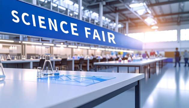 Science fair exhibition hall featuring lab equipment on tables and a large banner promoting the event, encouraging scientific exploration - Powered by Adobe