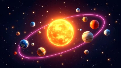 Stylized Colorful Solar System Illustration with Glowing Sun and Planets