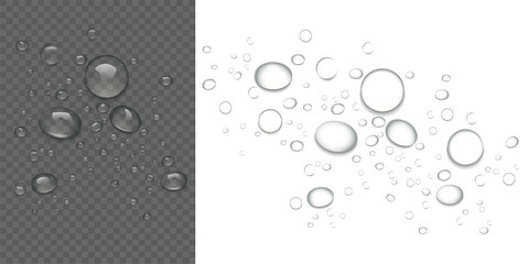 Realistic transparent water drops on isolated background liquid water-drop top view condensation effect fresh cool wet spray bubble splash surface pattern clean water drop