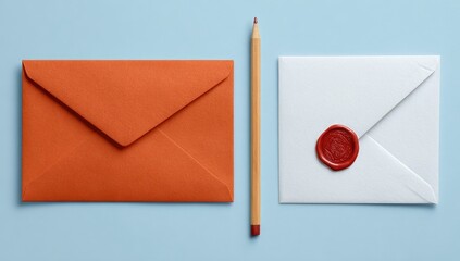 Two envelopes, one orange, one white, and a pencil, sit on a light blue surface.  The white envelope has a red wax seal