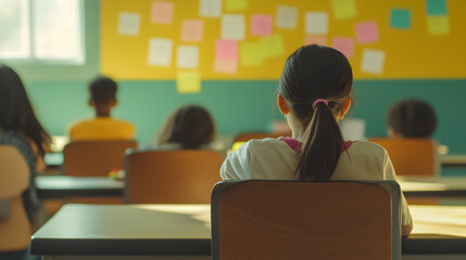 A classroom scene showing students sitting at desks facing the front with colorful sticky notes on the wall