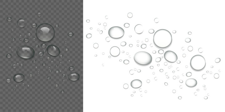 Realistic transparent water drops on isolated background liquid water-drop top view condensation effect fresh cool wet spray bubble splash surface pattern clean water drop
