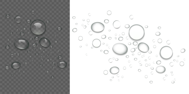 Realistic transparent water drops on isolated background liquid water-drop top view condensation effect fresh cool wet spray bubble splash surface pattern clean water drop