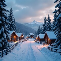 Naklejka premium Snow-Covered Village at Dusk in the mountains