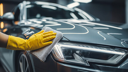 Close up a hand in gloves using white cloth polishing a car at the spotless garage. Car polishing service, Car maintenance service concept
