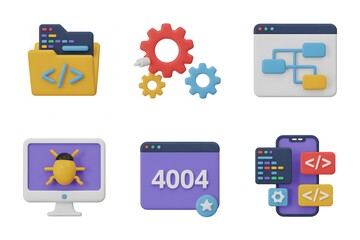 Software Development Icons: Folder, Gears, Flowchart, Error 404, Bug on Screen, and Code on Mobile