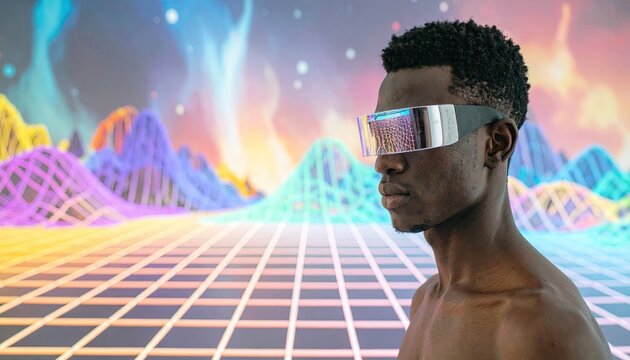 Man Wearing VR Headset in Front of Glowing Grid and Colorful Digital Landscape
