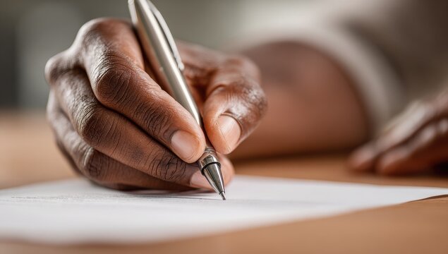 Close-up of a person's hands writing on white paper with a pen.  Dark skin tones are visible.  Focus is on the pen and the hand movements