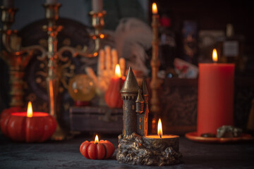 Magical school, Vintage Candlelit Study. Halloween concept, create a warm and enchanted mysterious atmosphere