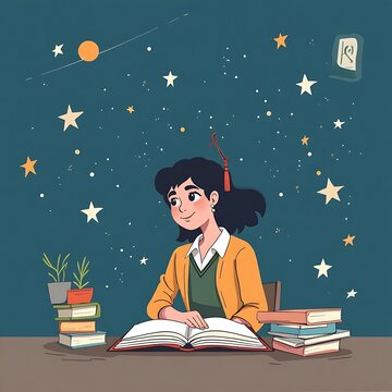 Woman Studying with Open Book Under Starry Sky Cartoon