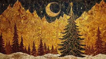 Medieval-style Christmas tree mosaic with celestial elements, timeless xmas celebration, decorative holiday