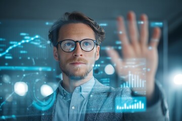 Modern businessman analyzing innovative data on transparent screen in futuristic office, envisioning growth