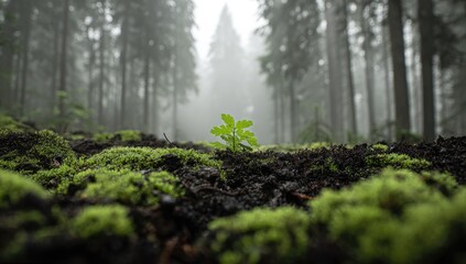 A small, vibrant green sprout emerges from the damp forest floor, covered in moss, amidst a misty woodland