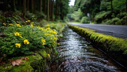 A tranquil roadside stream lined with yellow wildflowers, lush greenery, and moss