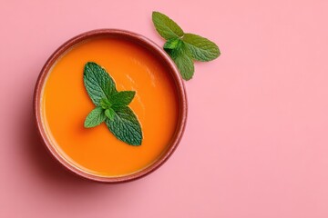 Creamy orange soup in a bowl, garnished with fresh mint