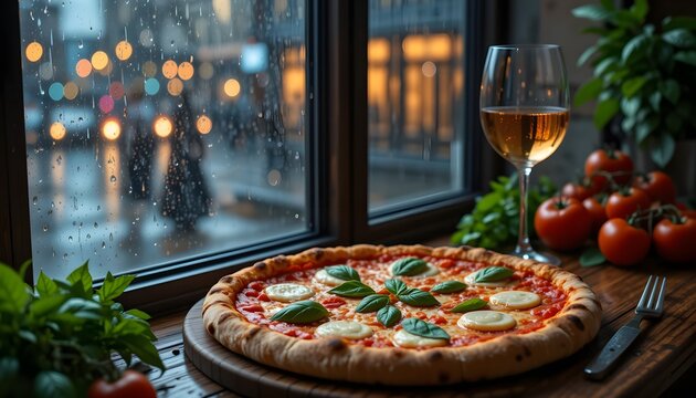 Freshly baked pizza with tomato, basil, and cheese on rustic table beside glass of white wine by rain-speckled window