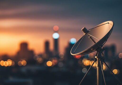Satellite dish set against a cityscape at dusk, capturing signals and data transmission with blurred background, ideal for technology and communication concepts