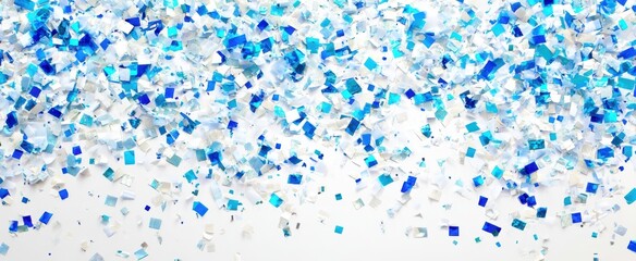 The vibrant blue confetti scattered across a bright white surface.