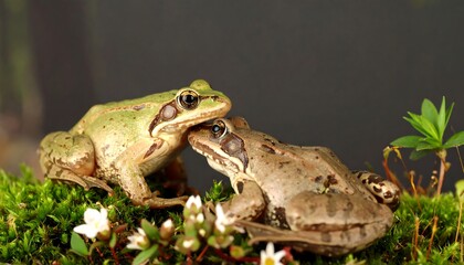 Two frogs, a vibrant green and a muted brown, embrace on a bed of moss and tiny white flowers, showcasing a close-up interaction of nature's creatures.