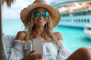 Young woman relaxing with smartphone while enjoying vacation near cruise ship