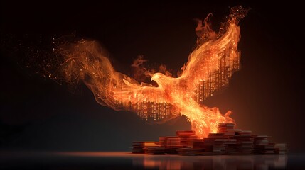 A white bird with its wings spread out and surrounded by fire. The bird is perched on a pile of coins