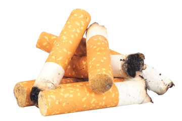 Pile of Cigarette Butts on White Background